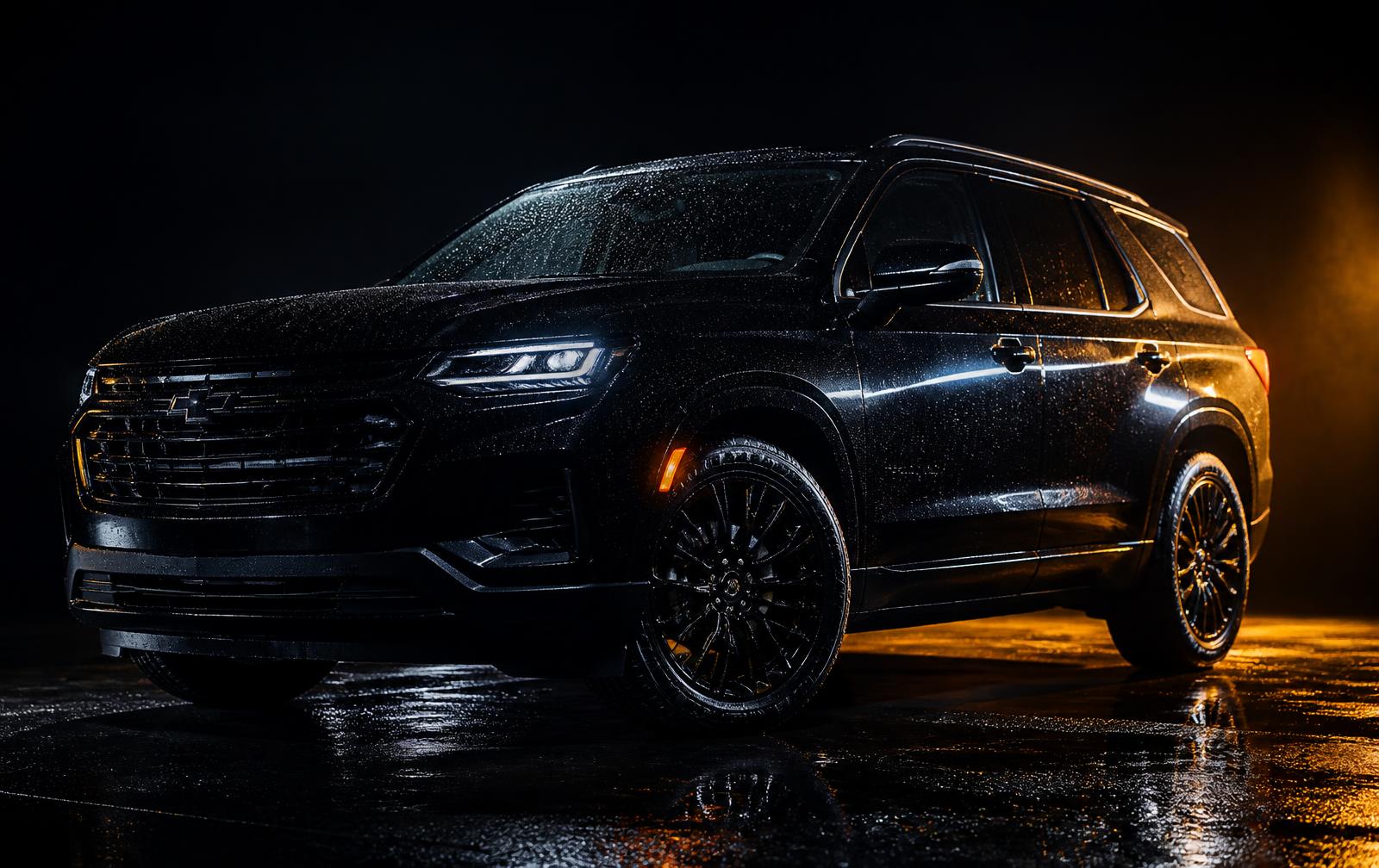 Freshly washed black SUV with water beading on glossy paint